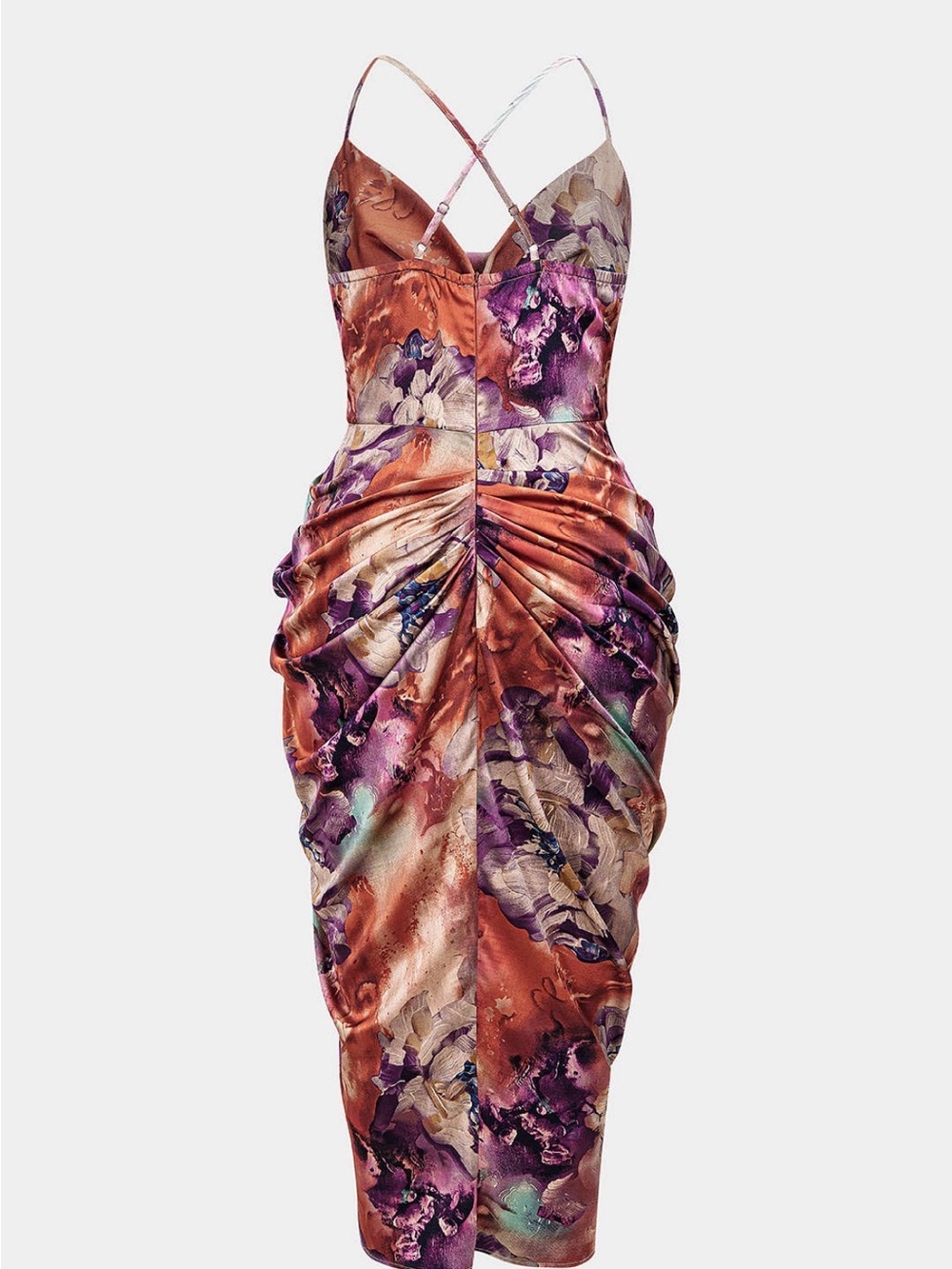 Floral Satin Ruched Midi Dress in Copper Floral - Picture 2 of 5